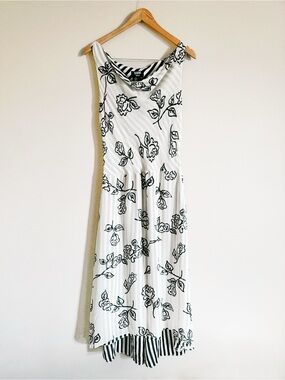 Vintage Silk Bill Blass, Black and White, Striped and Floral Dress